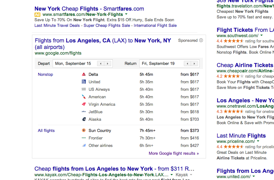 a screenshot of Google flight search results